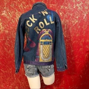 SILVER UNICORN Vintage Glitter Rock n Roll Piano Juke Box Jeans Denim Jacket L